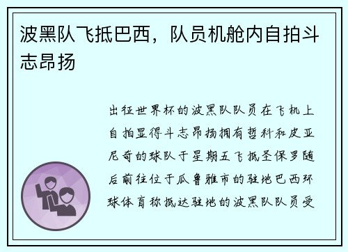 波黑队飞抵巴西，队员机舱内自拍斗志昂扬